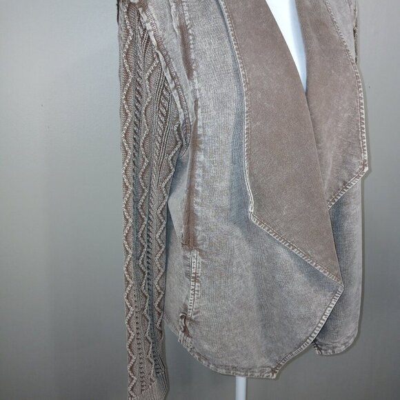 DISTRESSED DRAPE STYLE JACKET, MUSHROOM COLOR, SWEATER SLEEVES, SIZE LARGE - Picture 2 of 6